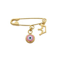 Gold Evil Eye Baby Safety Christening Pin Brooch with Crown Charm on white background - 24jewels