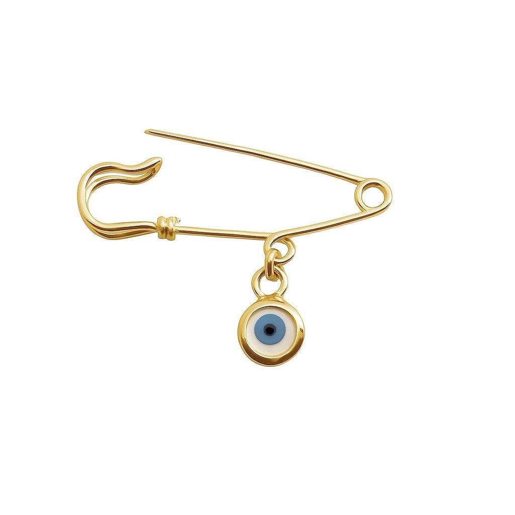 Gold Evil Eye Baby Safety Pin – Greek Babtism Brooch On White Background- 24jewels