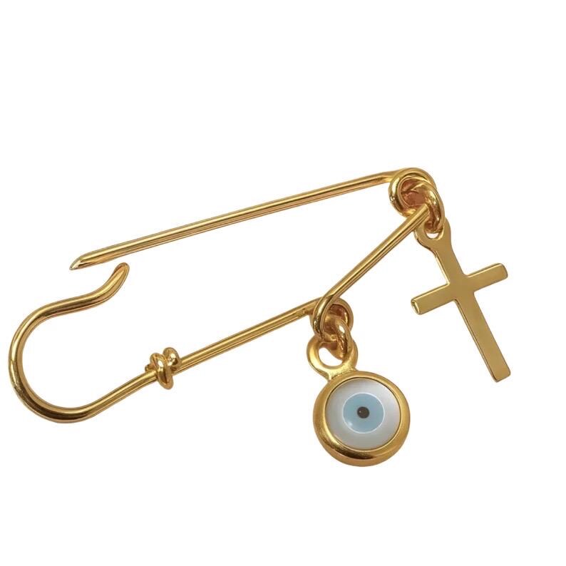 Gold Evil Eye Safety Pin Cross Brooch 1.25” on white background- 24jewels