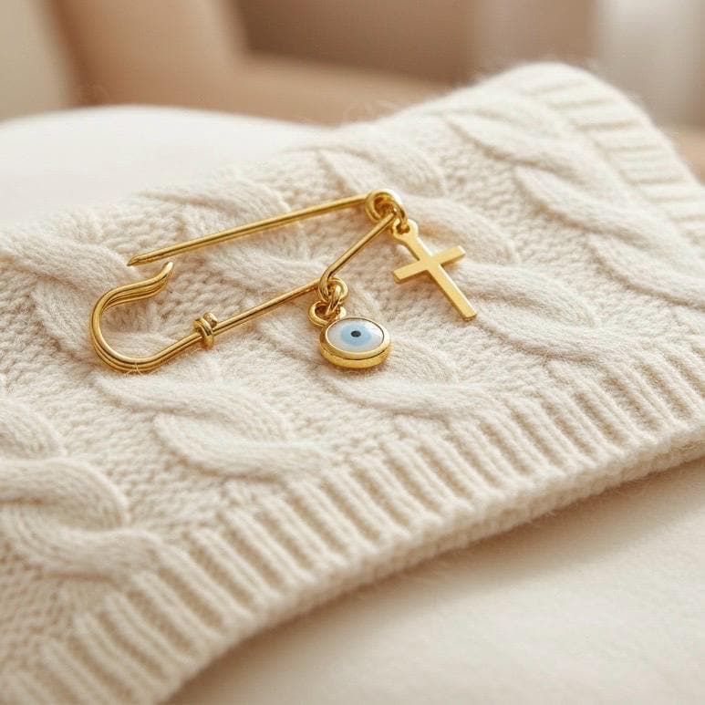 Gold Evil Eye Safety Pin Cross Brooch 1.25” on woolen cloth - 24jewels