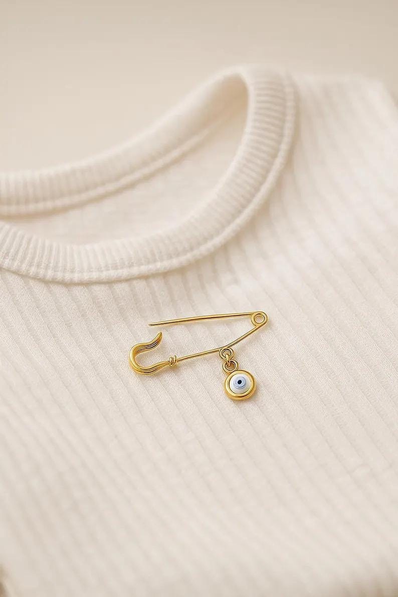 Gold Evil Eye Baby Safety Pin – Greek Babtism Brooch On Baby Cloth - 24jewels