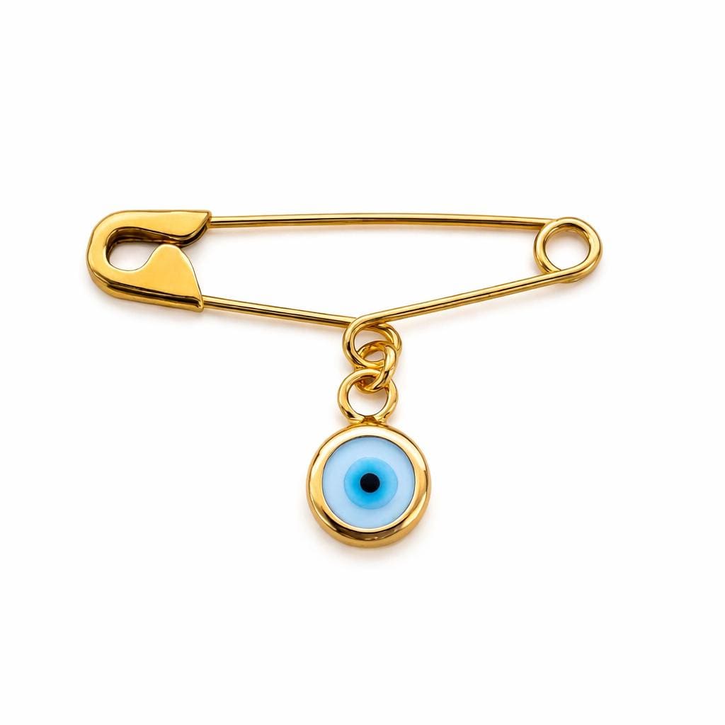 Gold Evil Eye Safety Pin Brooch - Handmade Baby Protection Charm on white background - 24jewels