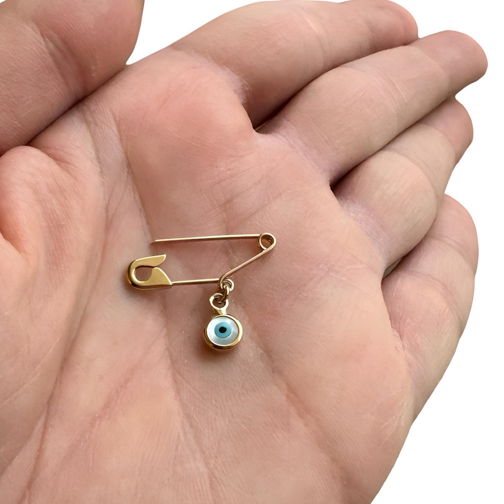 Gold Evil Eye Safety Pin Brooch - Handmade Baby Protection Charm on a hand - 24jewels