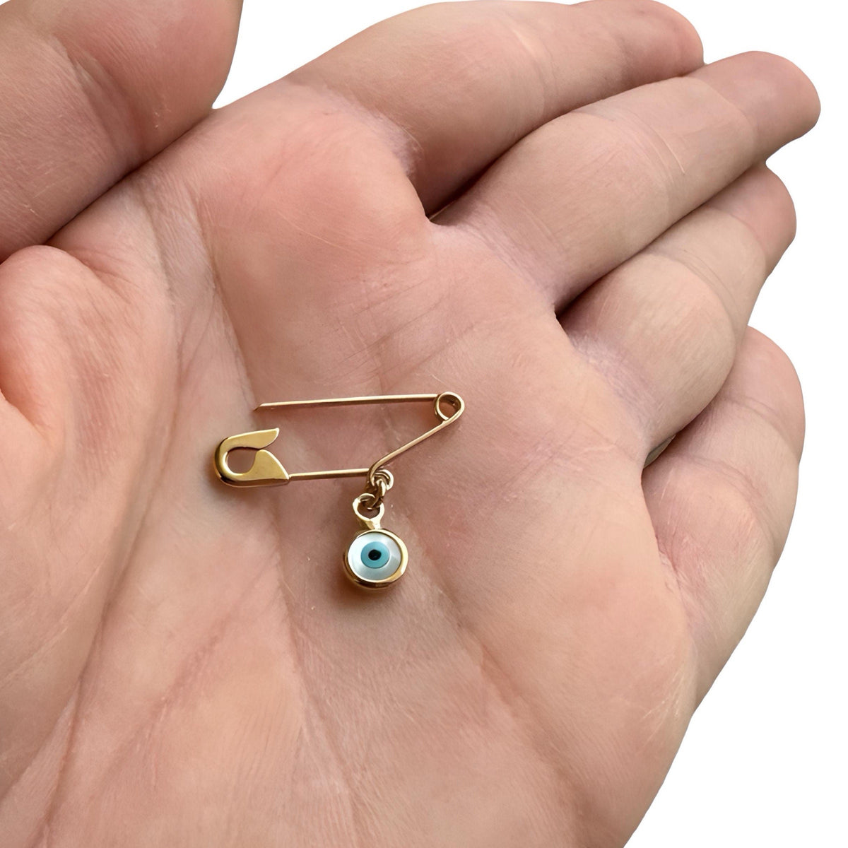 Gold Evil Eye Safety Pin Brooch - Handmade Baby Protection Charm on a hand - 24jewels