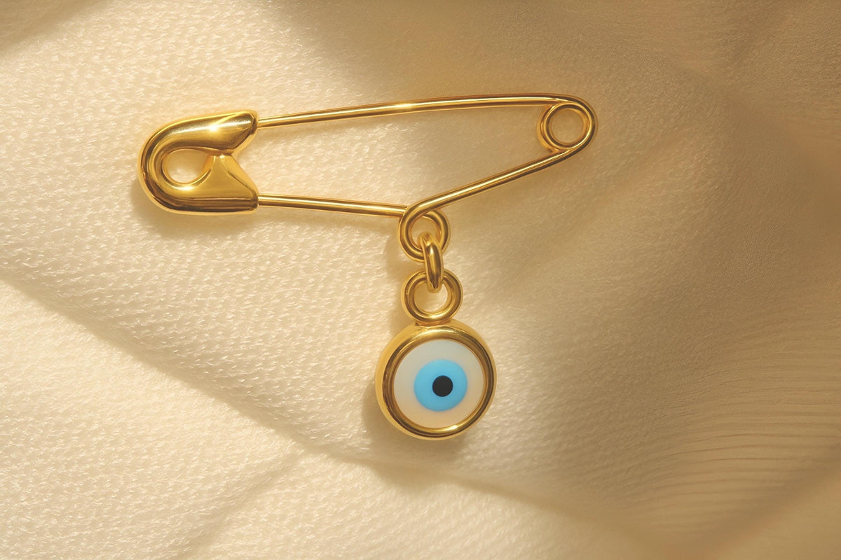 Gold Evil Eye Safety Pin Brooch - Handmade Baby Protection Charm on a pillow - 24jewels