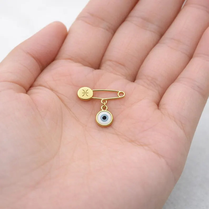 Gold Evil Eye Zodiac Safety Pin Brooch – Baby Gift on hand - 24jewels