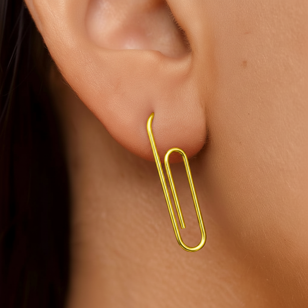Gold Paperclip Handcrafted Earring on Earlobe 1 Inch - 24jewels