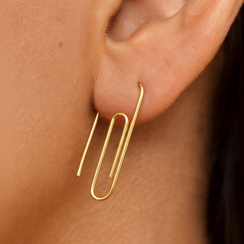Gold Paperclip Handcrafted Earring on Earlobe , length 1” - 24jewels
