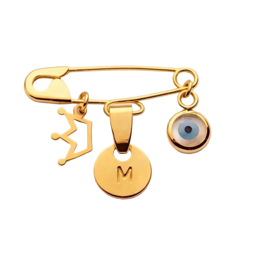 Gold Evil Eye Baby Pin Personalised Brooch With Crown Charm on white background  - 24jewels