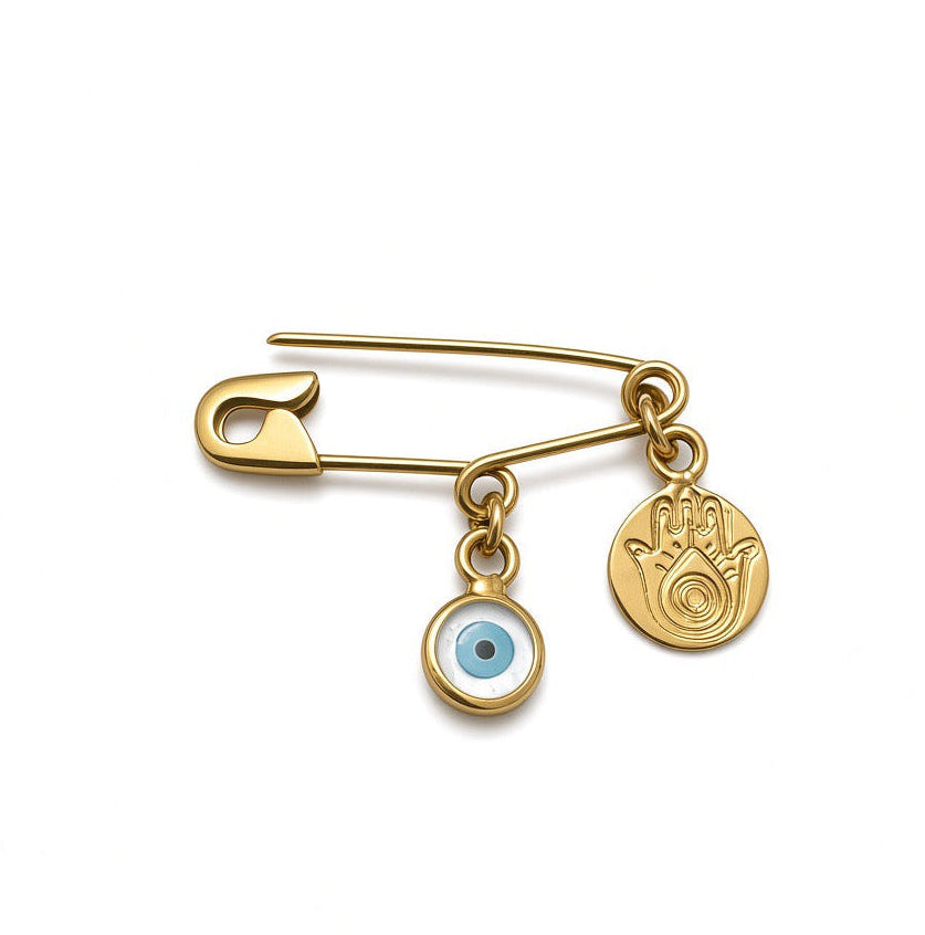 Gold Plated Safety Pin Evil Eye Brooch With Hamsa Charm on white background - 24jewels