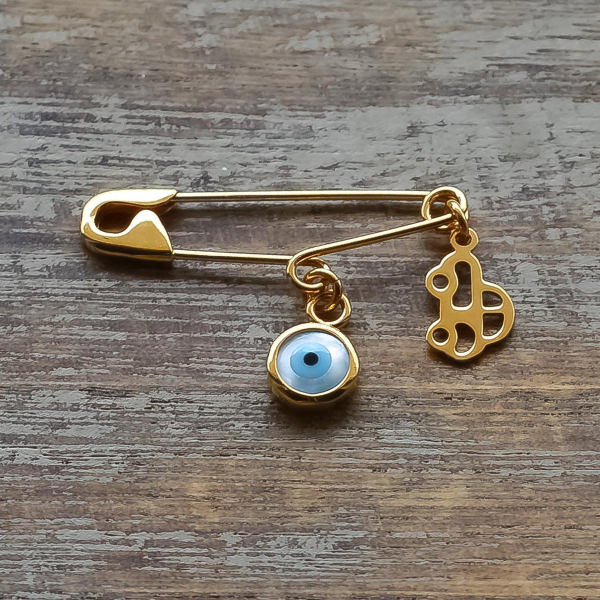 Gold Plated-Silver-Evil Eye Safety Pin Brooch With Car Charm On Wooden Surface | Protection Baby Boy Gift - 24jewels