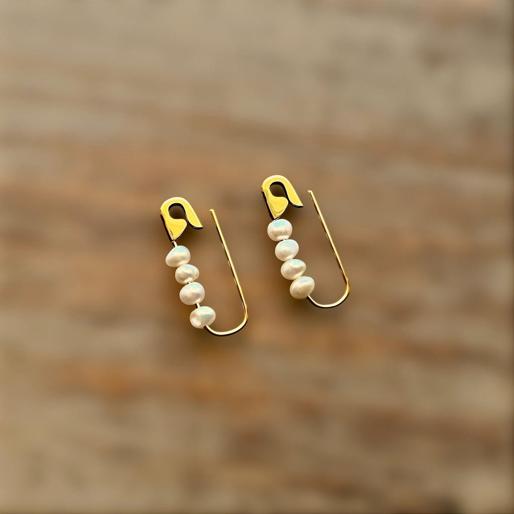 Gold-plated safety pin hoop silver earrings with five small white pearls on each, 3/4 inch length.