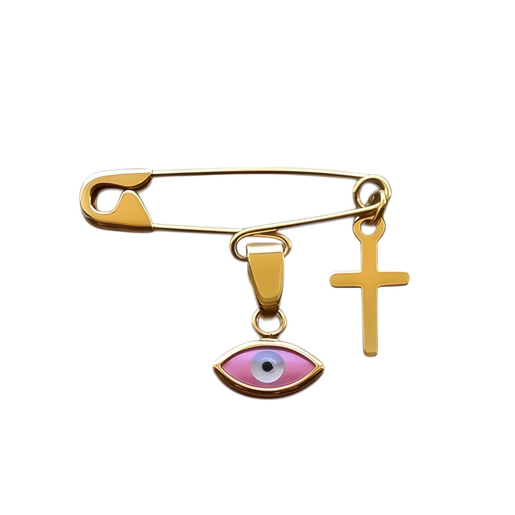 Gold Safety Pin Brooch with Evil Eye & Cross | Baptism Gift - 24jewels