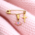 Gold Safety Pin Brooch with Evil Eye & Cross On Pink Blanket | Baptism Gift - 24jewels