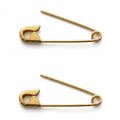 Pair of 1-inch gold safety pin cartilage earrings with smooth polished finish on white background .