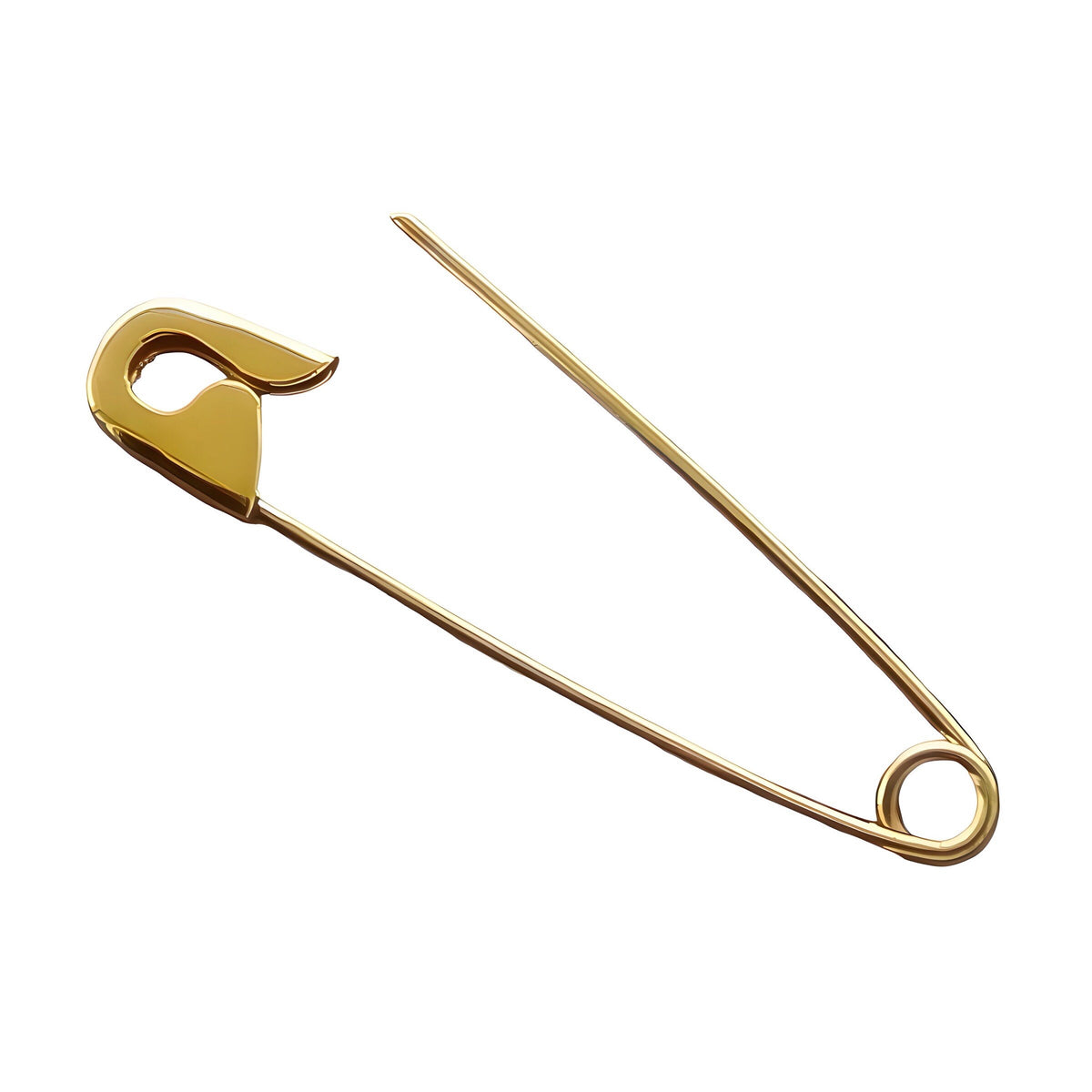 Minimalist gold safety pin earring with shiny polished finish, 1.25 inches long on white background .