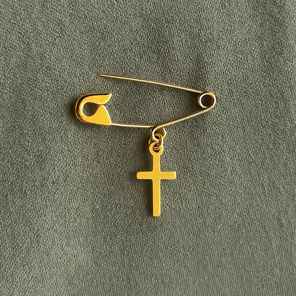 Gold Safety Pin Elegant Cross Baby Brooch Polished on fabric - 24jewels