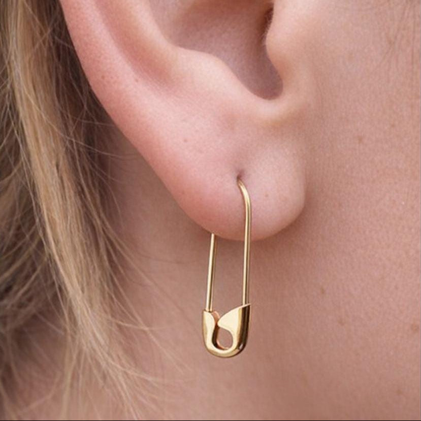 Gold Safety Pin Hoop Earring 3/4'' worn on ear