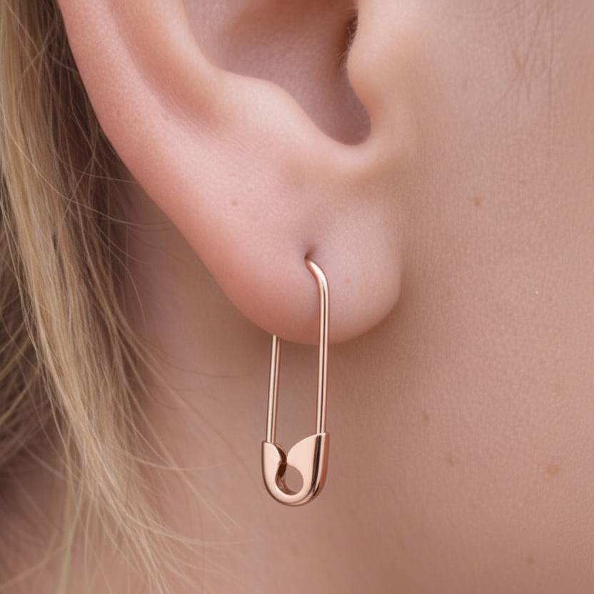 Rose Gold Safety Pin Hoop Earring 3/4'' worn on ear