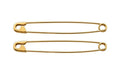 Pair of sleek 14K yellow gold long safety pin earrings measuring 1.75 inches on white background .