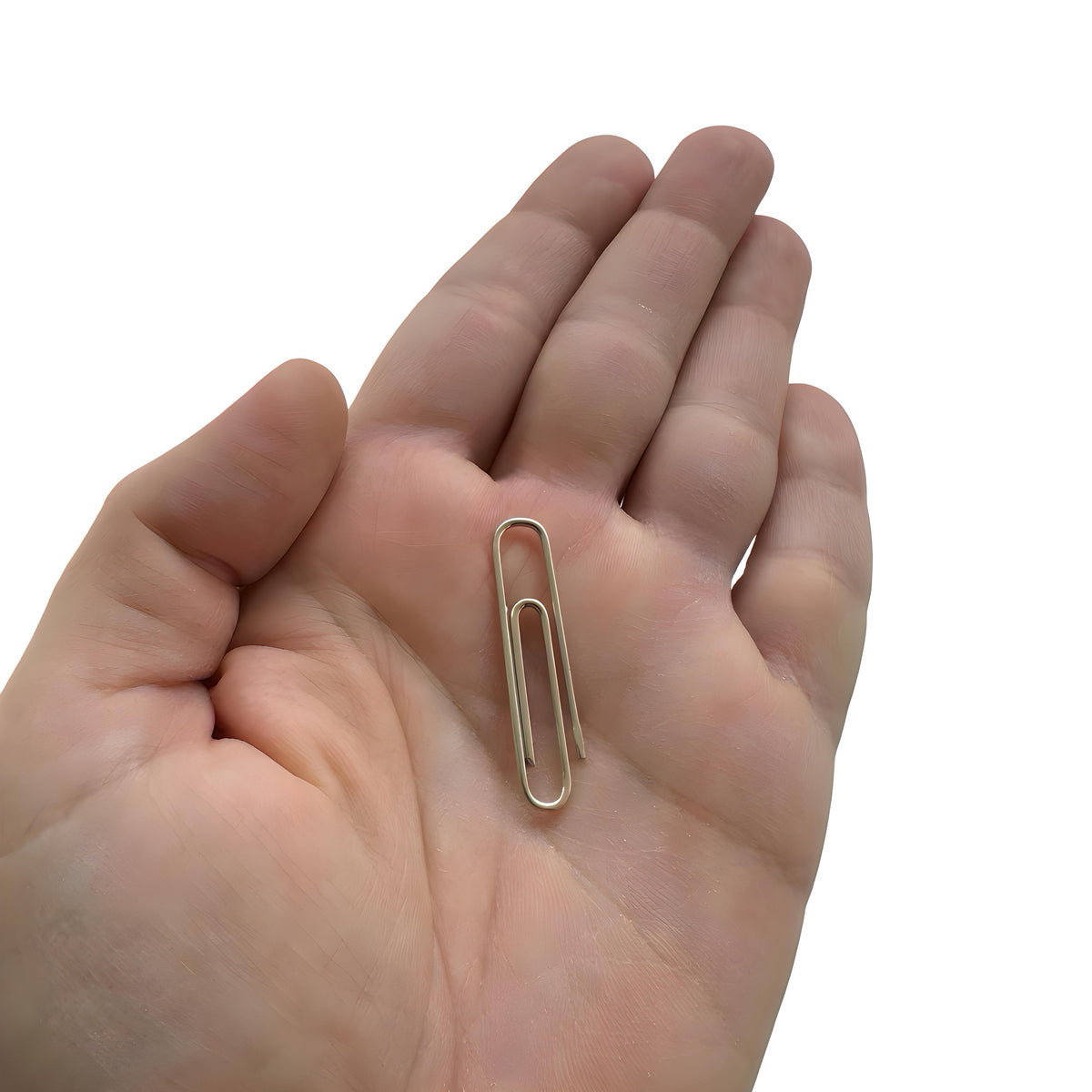 Gold Paper Clip Bookmark – 1.5” Minimalist Page Holder in a palm on white background - 24jewels