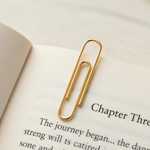 14K Gold Paper Clip Bookmark – 1.5” Minimalist Page Holder on a book - 24jewels