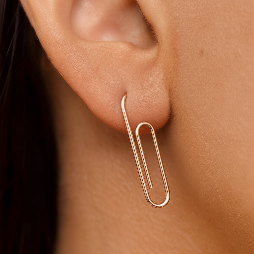 Rose Gold Plated Paperclip Handcrafted Earring on Earlobe 1 Inch - 24jewels