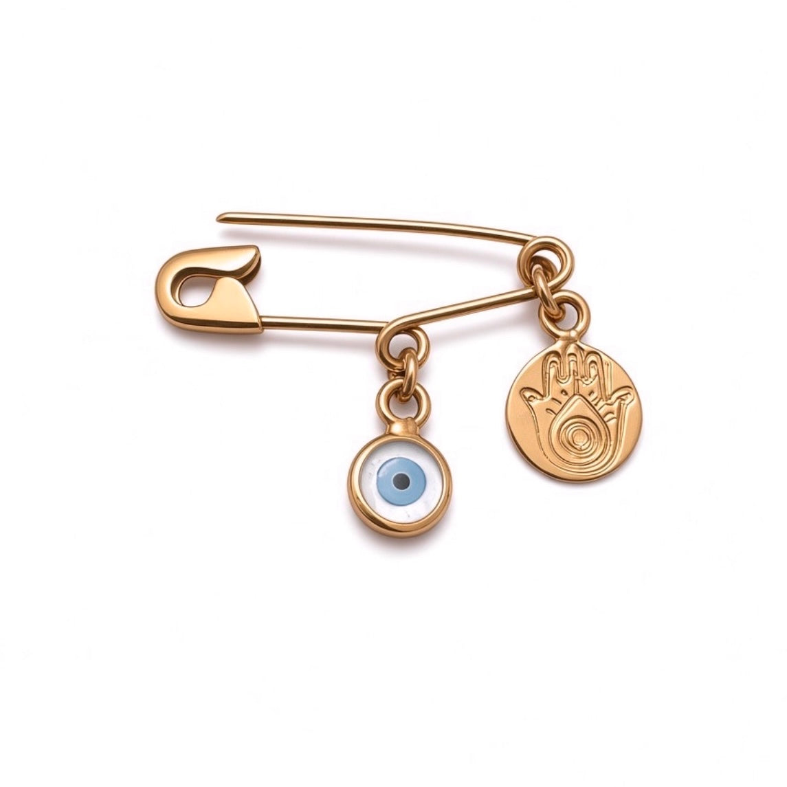 Rose Gold Plated Silver Safety Pin Evil Eye Brooch With Hamsa Charm on white background - 24jewels