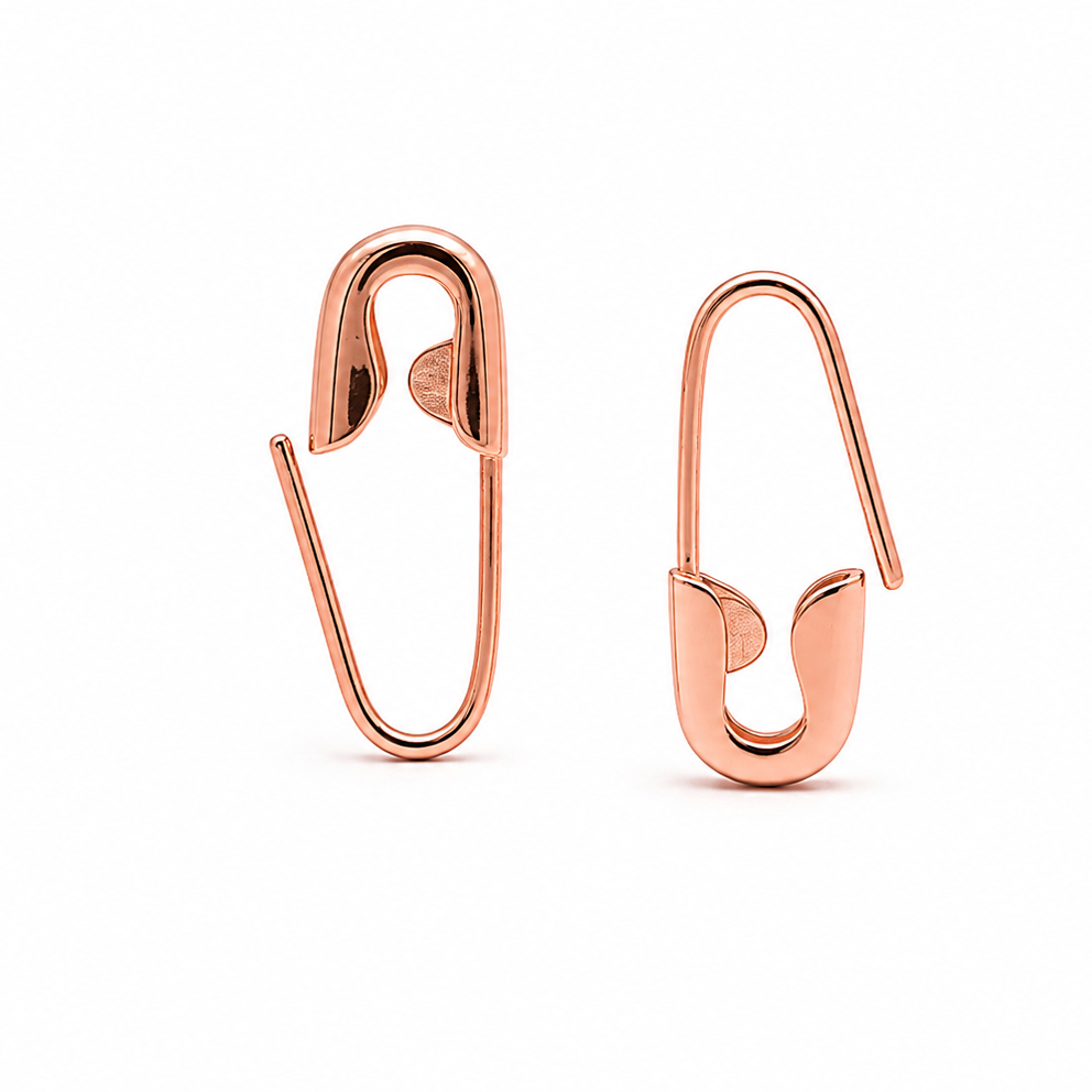 Delicate rose gold plated safety pin mini hoop earrings with a sleek, polished finish, 1/2 inch size.