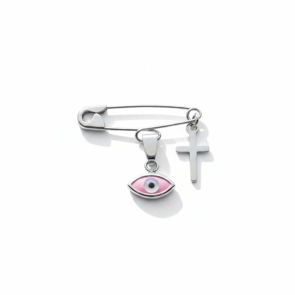 Sterling Silver Baby Safety Pin Brooch – Pink Evil Eye & Cross on a white background | Baptism Gift - 24jewels