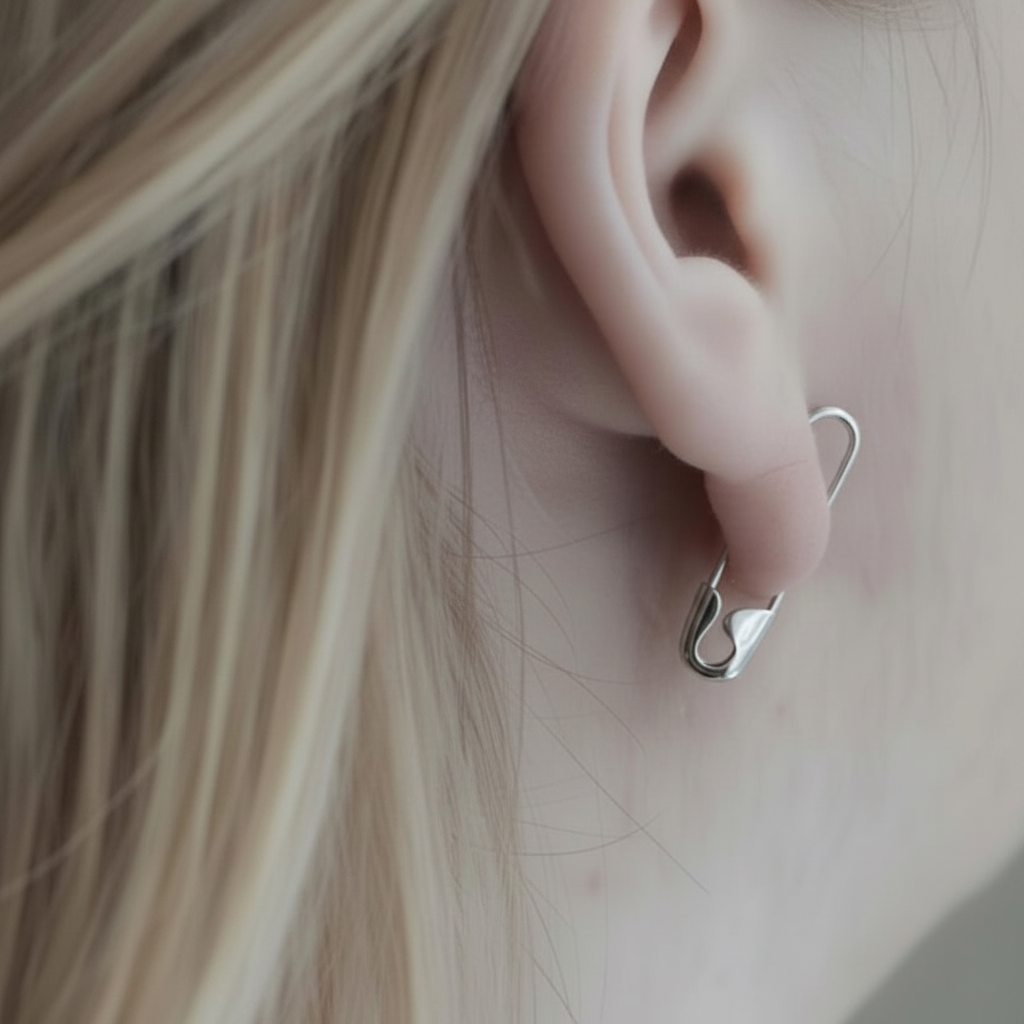 Sterling silver safety pin earring 3/4 inch worn on ear with shiny finish.