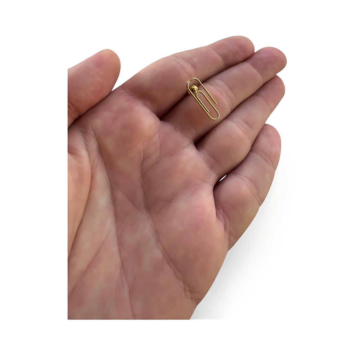 Minimalist Solid Gold Paper Clip Stud Earrings on a hand : Dainty Everyday Jewelry for Women 3/4'' - 24jewels