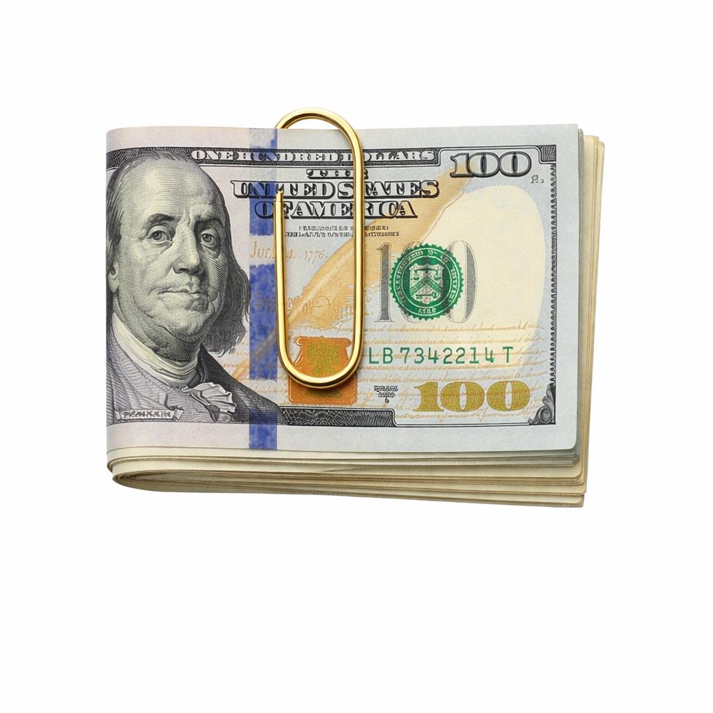 Handcrafted gold paperclip money clip securing folded hundred-dollar bills.
