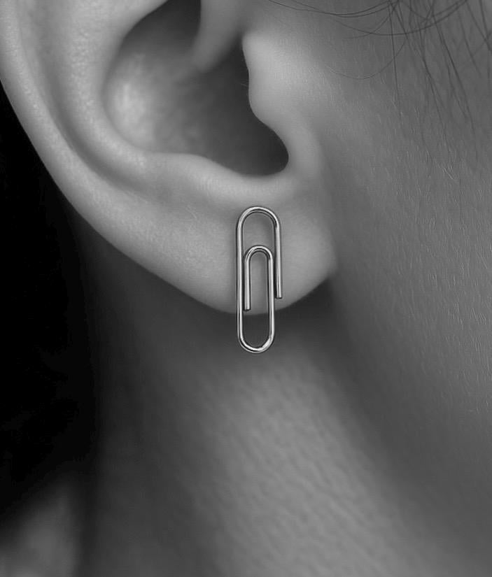Minimalist Solid Gold Paper Clip Stud Earring on earlobe : Dainty Everyday Jewelry for Women 3/4'' - 24jewels