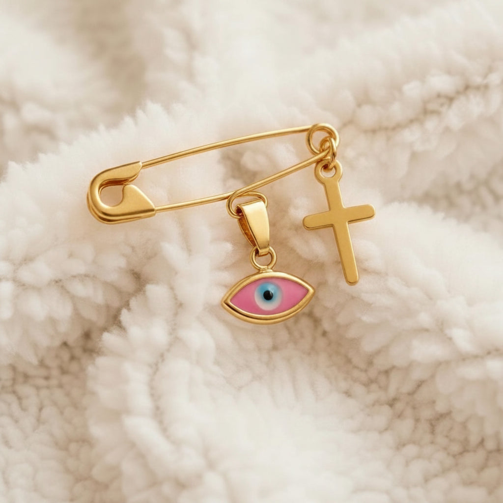 Sterling Silver Baby Safety Pin Brooch – Pink Evil Eye & Cross Gold Plated | Baptism Gift  on a soft blanket - 24jewels