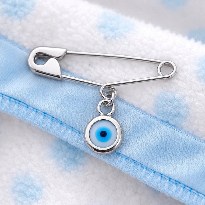 Sterling Silver Evil Eye Safety Pin Brooch on a baby blanket - Protective Newborn Jewelry - 24jewels