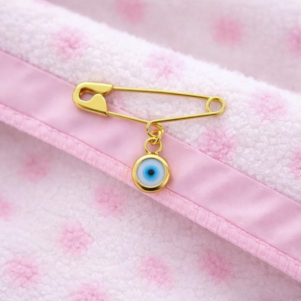 Sterling Silver Evil Eye Safety Pin Brooch on a pink baby blanket - Protective Newborn Jewelry - 24jewels