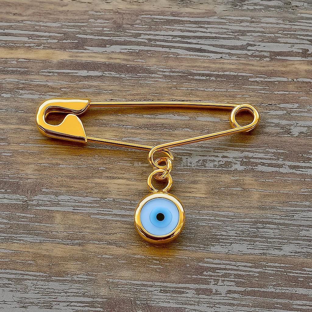 Sterling Silver Evil Eye Safety Pin Brooch Gold Plated on Wooden surface - Protective Newborn Jewelry - 24jewels