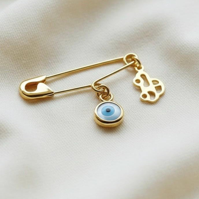 Gold Plated Silver Evil Eye Safety Pin Brooch With Car Charm | Protection Baby Boy Gift On Silk Surface - 24jewels