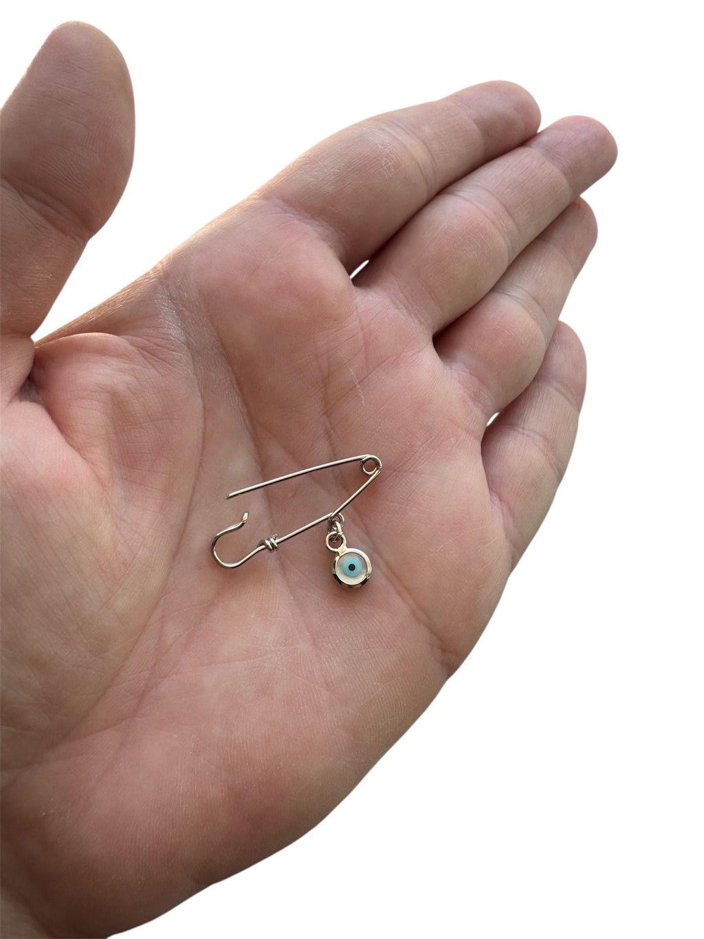 Sterling Silver Evil Eye Safety Pin Brooch in a hand – Baby Protection Greek Gift - 24jewels