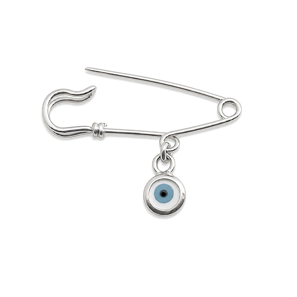 Sterling Silver Evil Eye Safety Pin Brooch on white background– Baby Protection Greek Gift - 24jewels