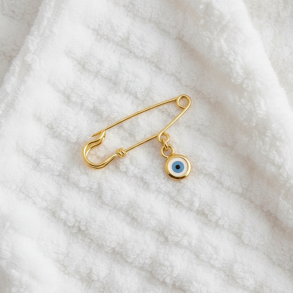 Gold Plated Evil Eye Baby Safety Pin – Greek Babtism Brooch on a baby blanket - 24jewels