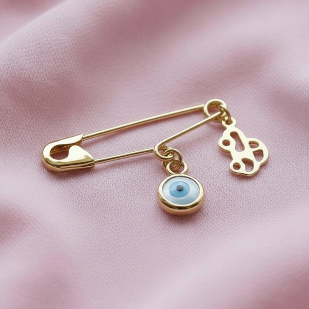 Gold Plated Silver Evil Eye Safety Pin Brooch With Car Charm On Pink Silk Surface | Protection Baby Boy Gift - 24jewels
