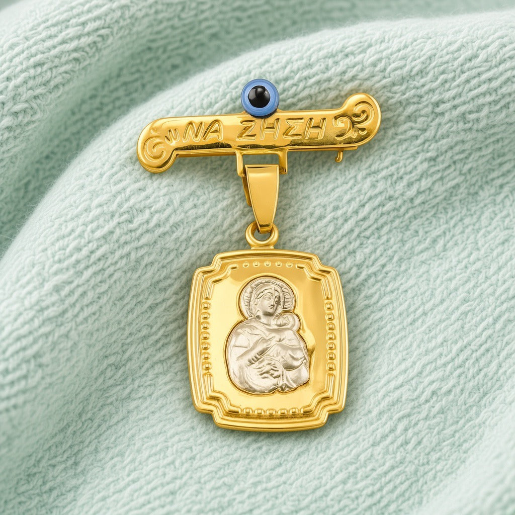 Sterling Silver Mary & Child Brooch: Evil Eye Baptism Pin Two Tone Plated on a soft blanket - 24jewels