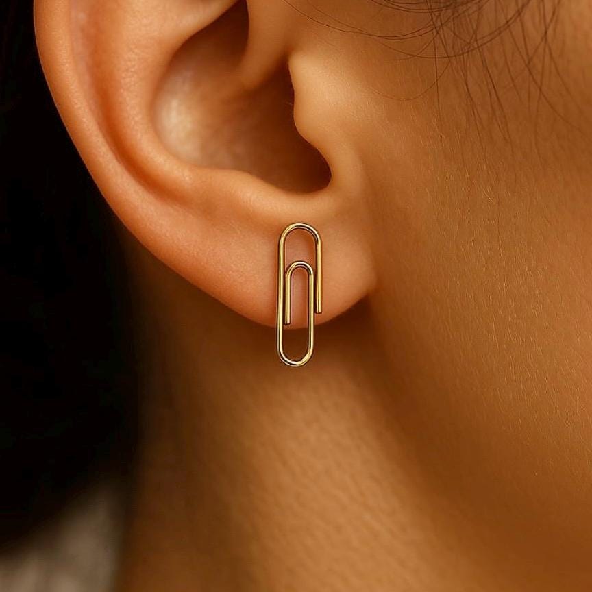 Sterling Silver Paper Clip Stud Earring gold plated worn in the earlobe : Minimalist Modern Jewelry (Pair) - 24jewels