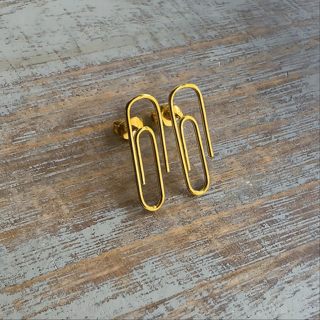 Minimalist Sterling Silver Paper Clip Stud Earrings gold plated on wooden background : Dainty Everyday Jewelry for Women 3/4'' - 24jewels