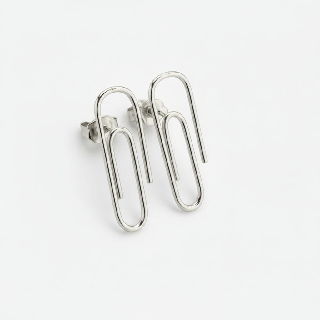 Minimalist Sterling Silver Paper Clip Stud Earrings on white background : Dainty Everyday Jewelry for Women 3/4'' - 24jewels