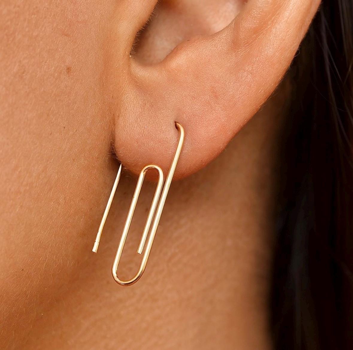 Sterling Silver PaperClip Gold Plated Earring 1 Inch on earlobe - 24jewels