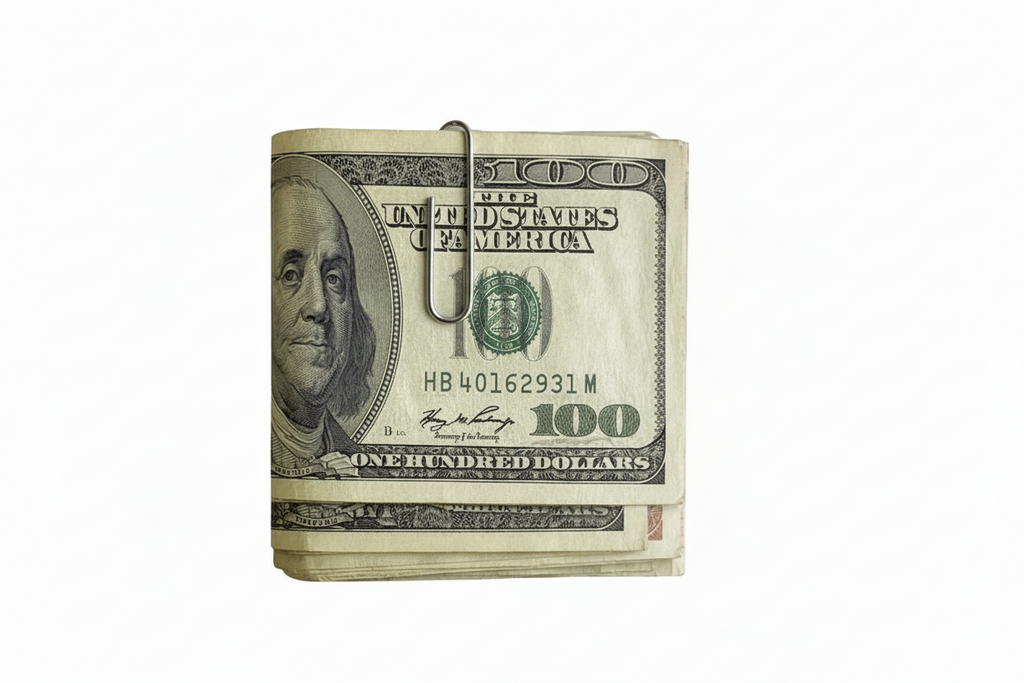 sterling silver paperclip moneyclip holding some 100 dollar bills