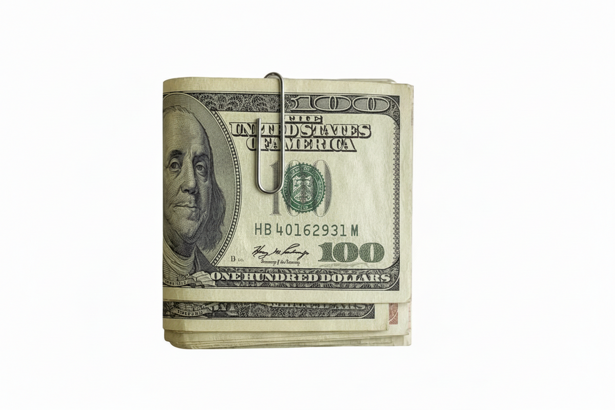 sterling silver paperclip moneyclip holding some 100 dollar bills